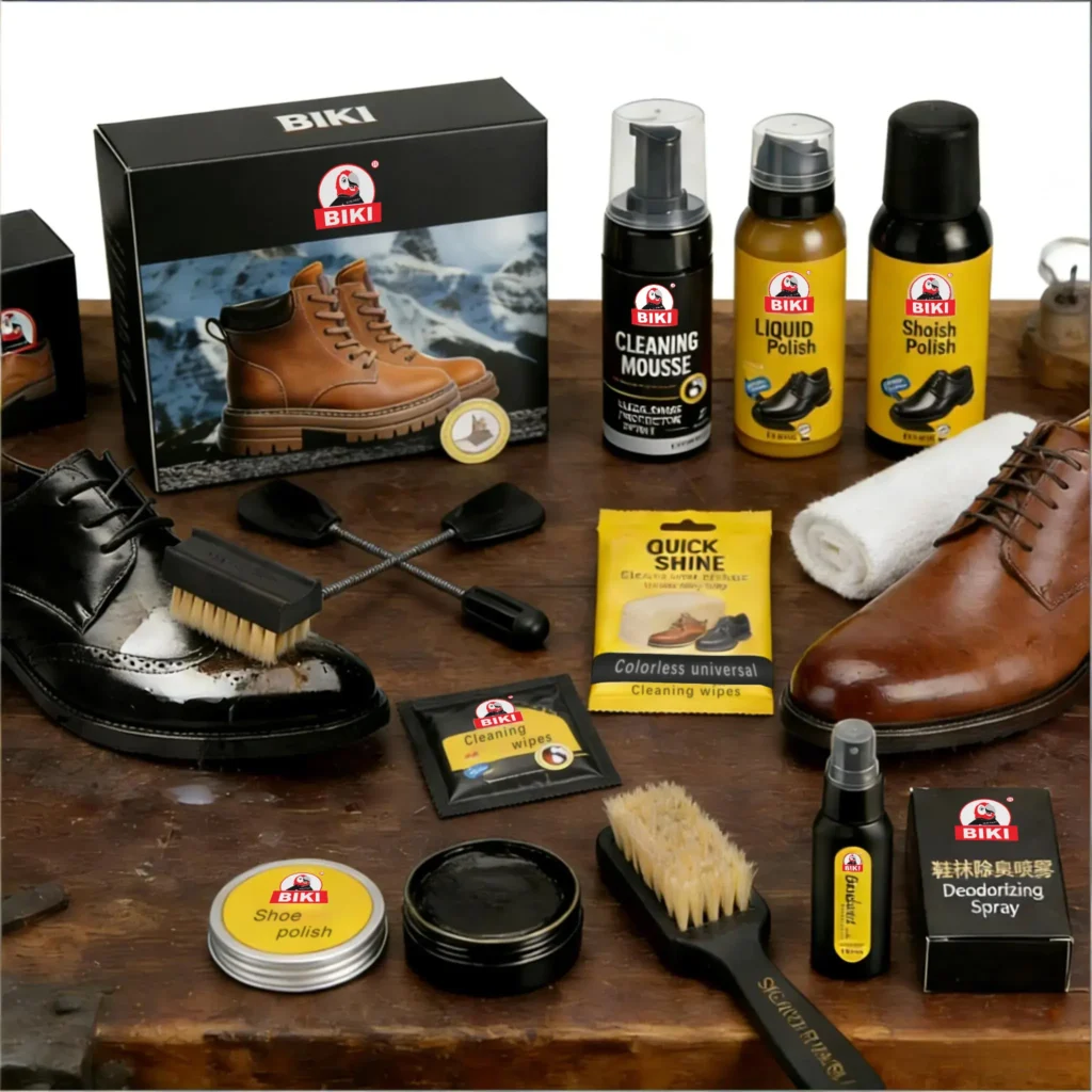 BIKI premium leather shoe care products, private label shoe care, bulk wholesale shoe cleaner and polish set