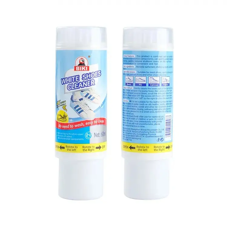 BIKI BK7740 white shoe cleaner, private label, bulk wholesale, all-in-one cleaning solution with built-in brush head for footwear retailers and distributors